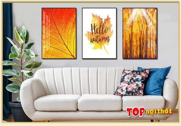 Tranh Canvas rừng cây lá vàng 3 tấm treo trên sofa TraTop-3536