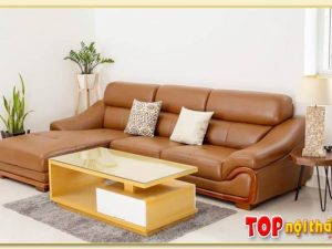 Hình ảnh Sofa chữ L bọc da đẹp sang trọng tích hợp gỗ SofTop-0232