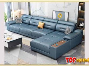 Mẫu sofa phòng khách da góc chữ L màu xanh cổ vịt SofTop-0723